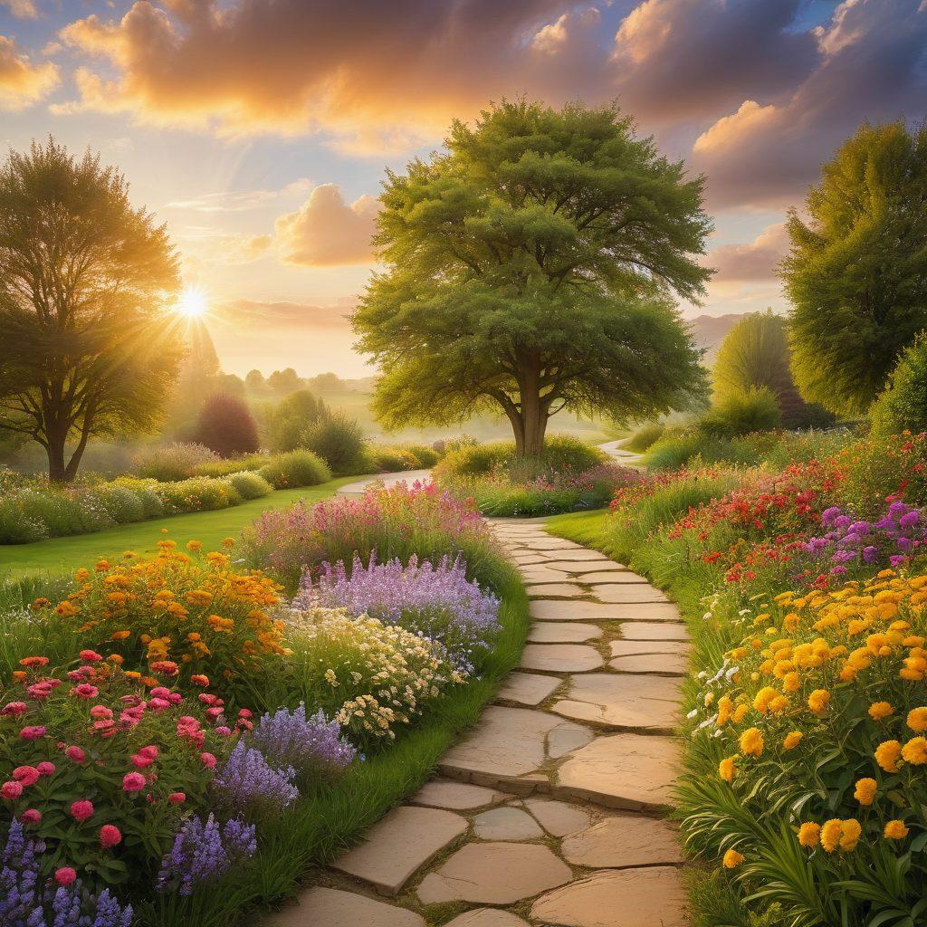 A serene landscape depicting a blossoming tree symbolizing purity, with rays of golden sunlight breaking through soft clouds above. In the foreground, a winding path leads from a bright, innocent meadow, gradually transforming into a vibrant garden rich with colorful flowers, representing virtue and growth. A gentle stream flows nearby, reflecting the changing hues of the sky. ethereal lighting, soft textures, surreal art, vibrant colors.