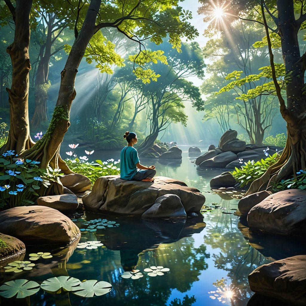 A serene landscape depicting a tranquil river flowing through a lush, green forest under a bright blue sky. In the foreground, a person practicing meditation sits calmly on a rock, surrounded by floating symbols of peace and purity, such as lotus flowers and doves. Soft rays of sunlight filter through the trees, casting a gentle glow on the scene. This imagery evokes a sense of spiritual cleansing and serenity. vibrant colors. super-realistic.