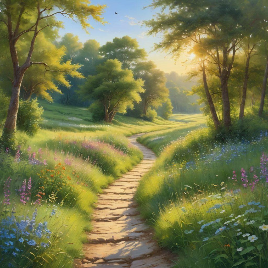 A serene landscape featuring a winding path through lush green meadows, illuminated by soft golden sunlight. Children playing joyfully, symbolizing innocence, with butterflies fluttering around them. Soft pastel colors that evoke a sense of warmth and purity. A gently flowing stream reflecting the clear blue sky. dreamy and whimsical. vibrant colors.